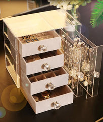 Acrylic Jewelry Organizer Box with Drawers and Earring Holder – Clear Storage Case for Rings, Watches & Accessories (519)