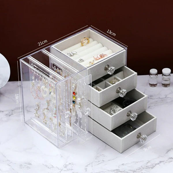 Acrylic Jewelry Organizer Box with Drawers and Earring Holder – Clear Storage Case for Rings, Watches & Accessories (519)