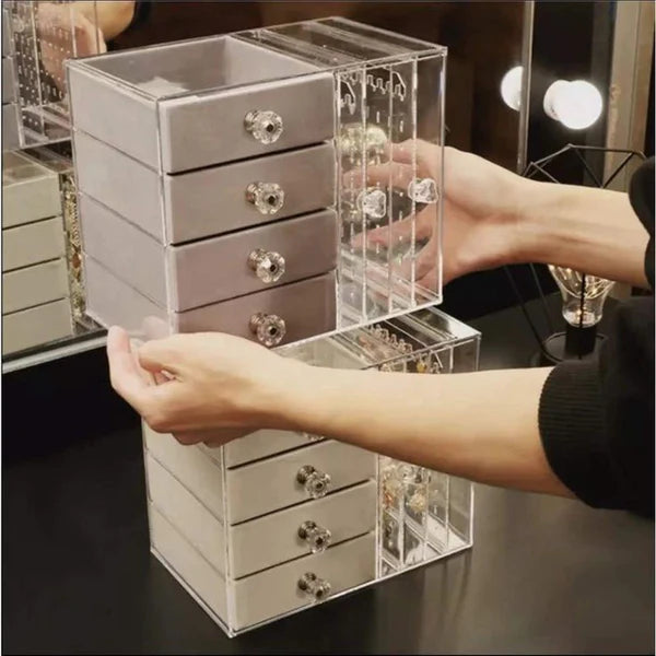 Acrylic Jewelry Organizer Box with Drawers and Earring Holder – Clear Storage Case for Rings, Watches & Accessories (519)