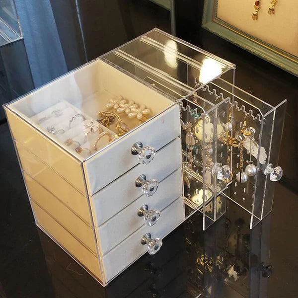 Acrylic Jewelry Organizer Box with Drawers and Earring Holder – Clear Storage Case for Rings, Watches & Accessories (519)