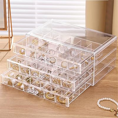 Clear Acrylic 3-Layer Jewelry Organizer Box Drawer Storage Case for Earrings, Rings & Accessories