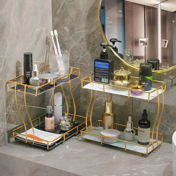 Golden 2-Tier Vanity Stand – Makeup & Jewelry Organizer
