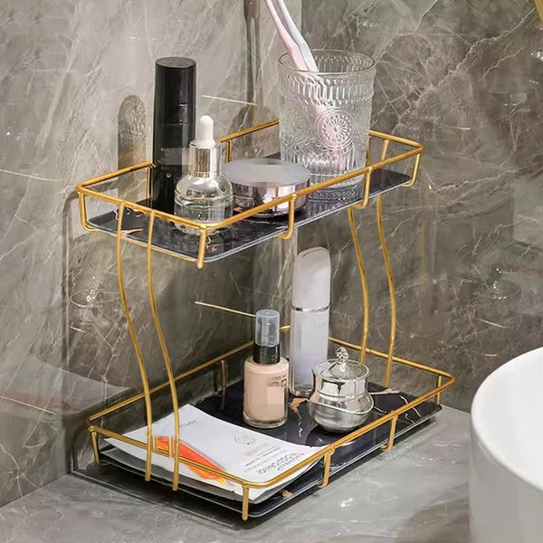 Golden 2-Tier Vanity Stand – Makeup & Jewelry Organizer