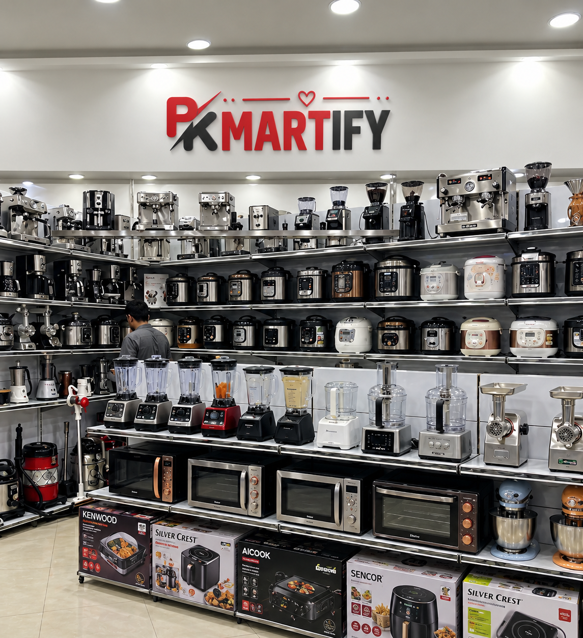 A retail appliance showroom with multiple kitchen products displayed on metal shelves, including blenders, food processors, mixers, toasters, ovens, and coffee machines. A large PKMARTIFY logo is visible on the wall above the products.