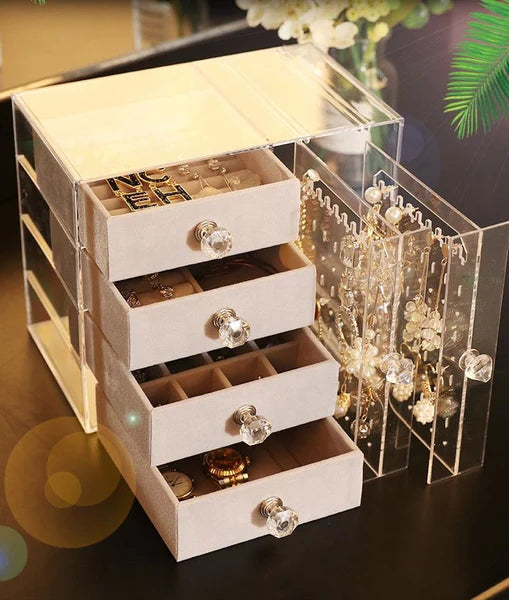 Acrylic Jewelry Organizer Box with Drawers and Earring Holder – Clear Storage Case for Rings, Watches & Accessories (519)