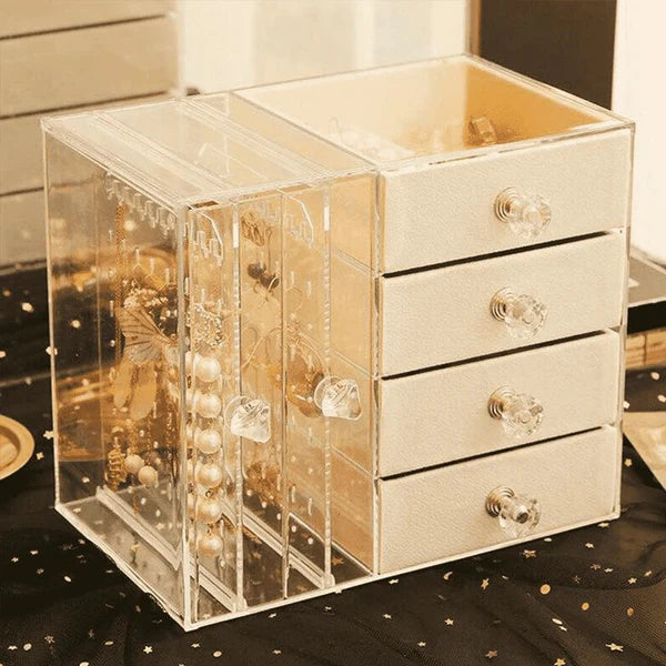 Acrylic Jewelry Organizer Box with Drawers and Earring Holder – Clear Storage Case for Rings, Watches & Accessories (519)
