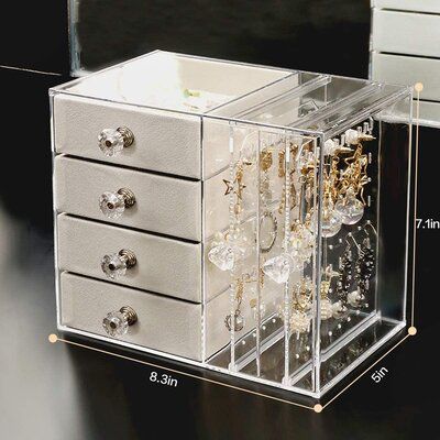 Acrylic Jewelry Organizer Box with Drawers and Earring Holder – Clear Storage Case for Rings, Watches & Accessories (519)